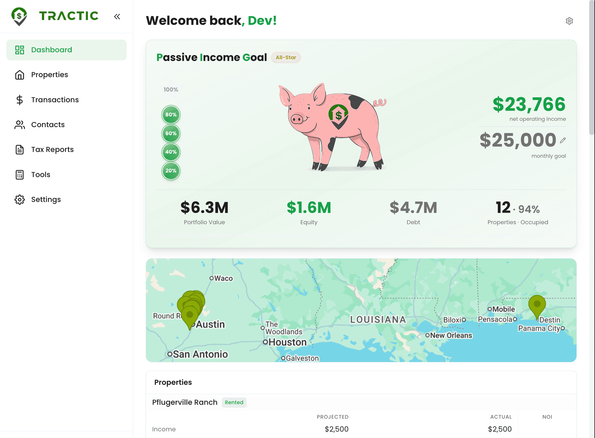 Tractic Dashboard — portfolio overview with income tracking