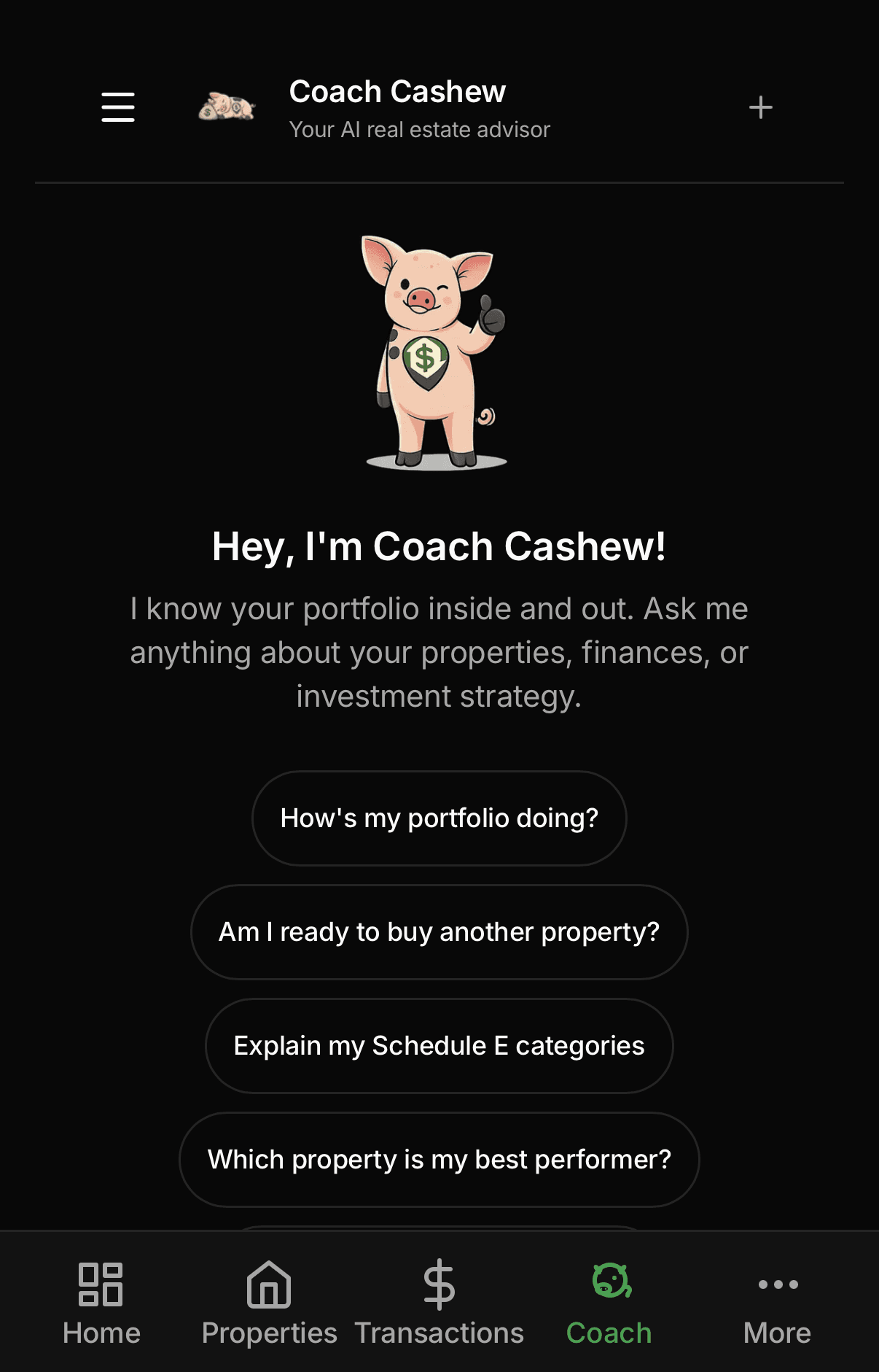 Coach Cashew mobile intro screen showing an AI real estate advisor with suggested questions about portfolio performance, buying another property, Schedule E categories, and best-performing properties.