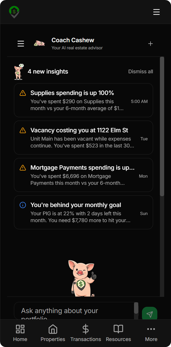 Coach Cashew AI advisor and alerts feed