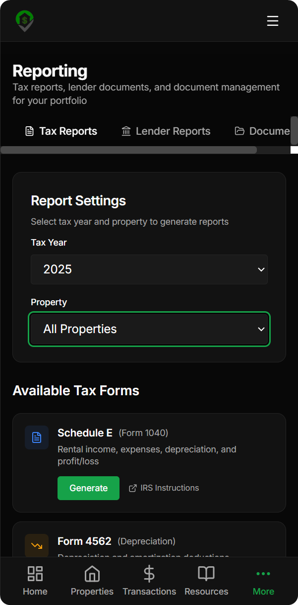 Schedule E and Form 4562 tax reports
